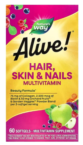 Multivitamínico Alive! para Cabelos, Pele e Unhas, 60 Cápsulas Sabor Morango, Nature's Way