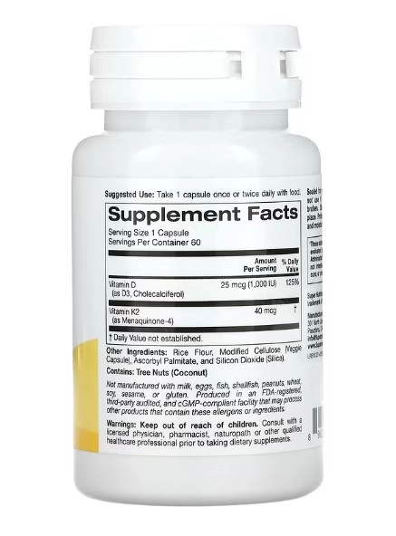 Vitamina D3 + K2, 60 Cápsulas, Super Nutrition