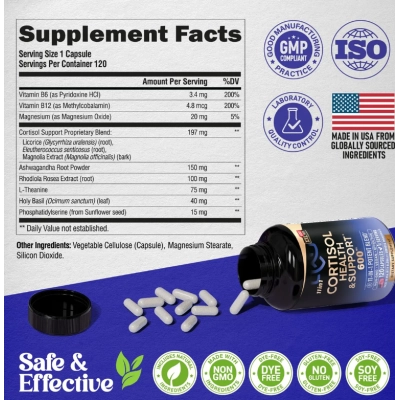 Cortisol health support 600mg, Equilíbrio Hormonal para Mulheres, 120 Cápsulas, Nutraharmony