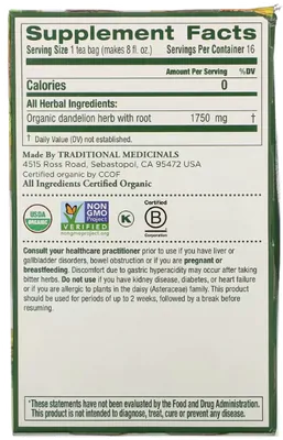 Chá de Ervas, Orgânico de Folha de Dente de Leão e Raiz,16 Saquinhos, Traditional Medicinals