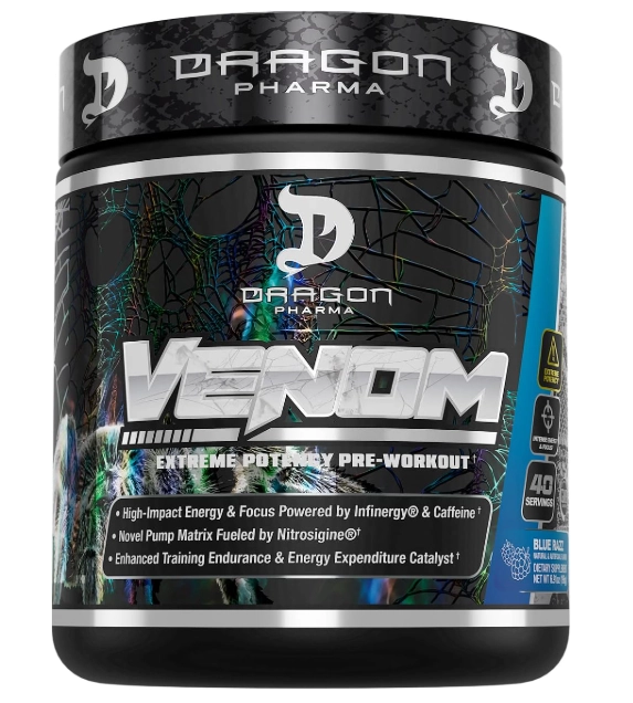 Pré Treino Venom Extreme, Foco e Energia, 196g Sabor Blue Raspberry, Dragon Pharma