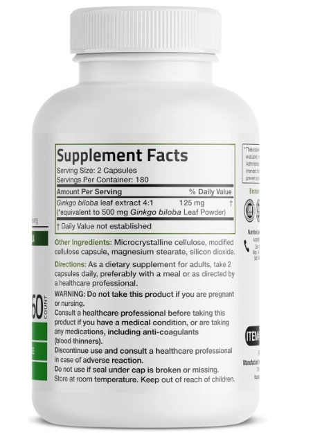 Ginkgo Biloba, 125mg, Apoia a função cerebral e Suporte à memória, 360 cápsulas, Bronson