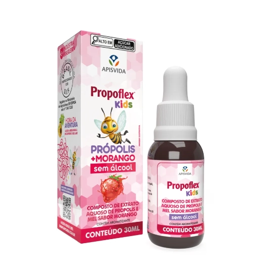 Propoflex Kids, Extrato de Própolis Verde Sem Álcool Sabor Morango, 30ml, Apisvida