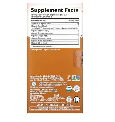 Chá de tulsi, rooibos de cúrcuma, sem cafeína, 18 sacos, Índia orgânica