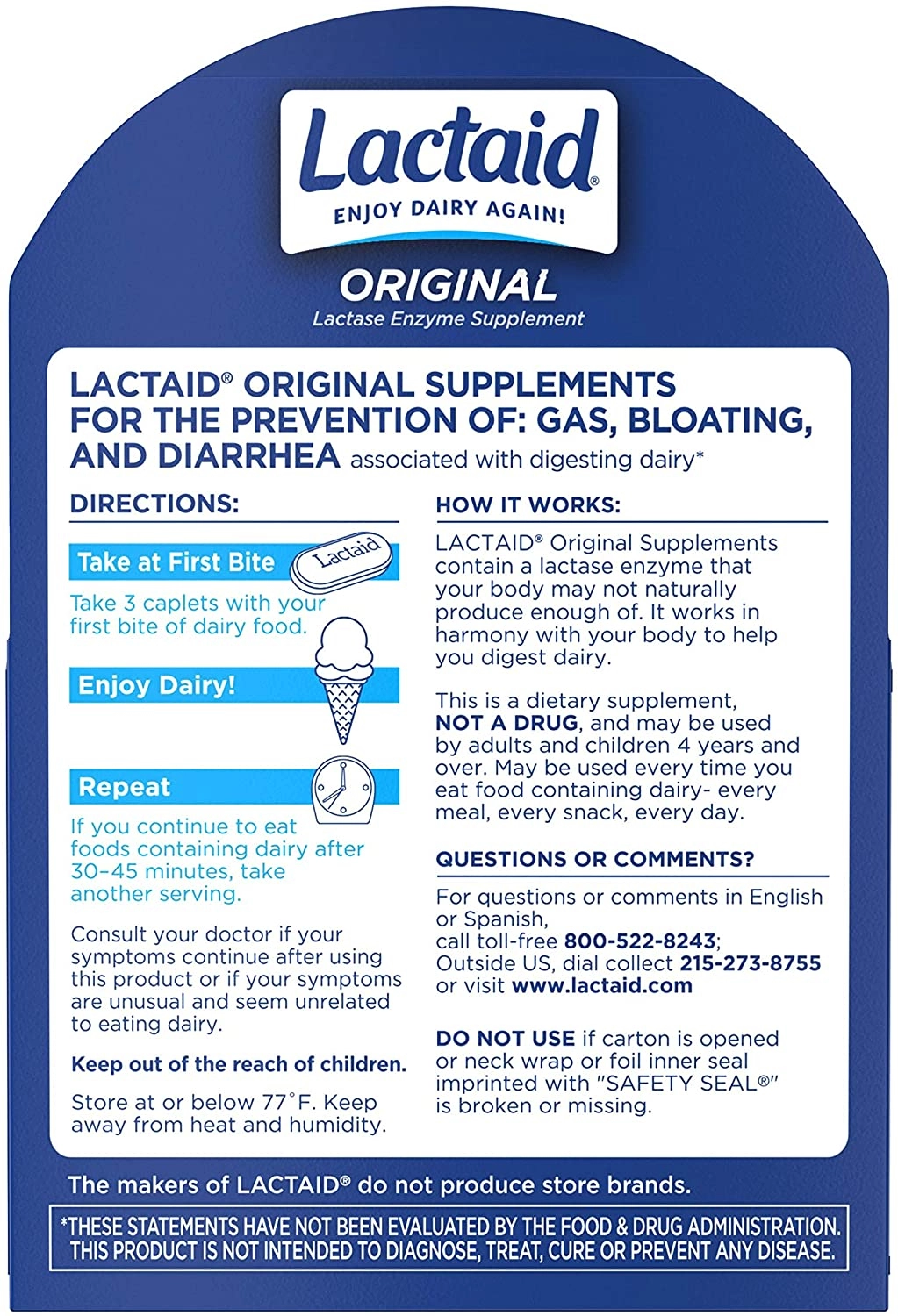 Suplemento Lactaid Original, 120 capsulas mastigáveis.