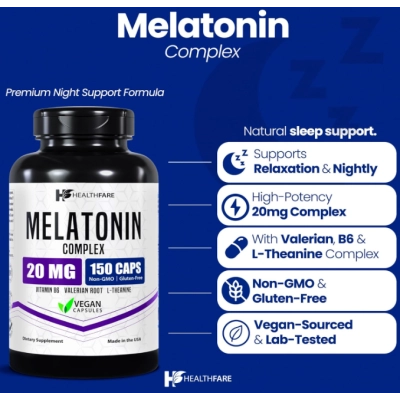 Melatonina 20mg, Complexo com L-Teanina, Valeriana e Vitamina B6, 150 Cápsulas, Healthfare 