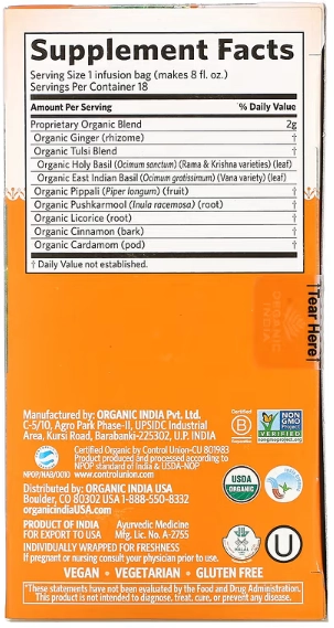 Chá Suporte Imunológico, Tulsi Immune, Sem Cafeína, 18 Saches, Organic India, Sabores