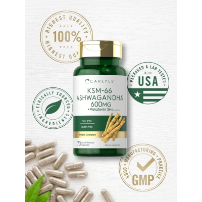 KSM-66 Ashwagandha 600mg + Melatonina 5mg, 70 Cápsulas, Carlyle