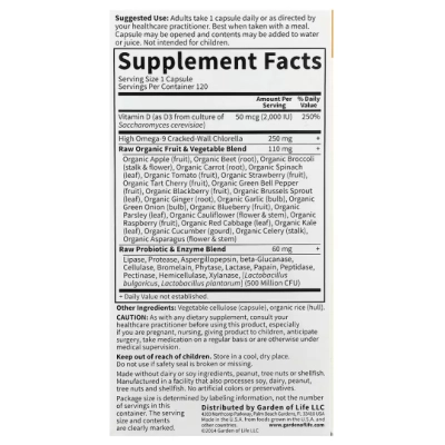 Vitamin Code RAW D3, com Vitamina D 2000UI, 120 Cápsulas, Garden Of Life