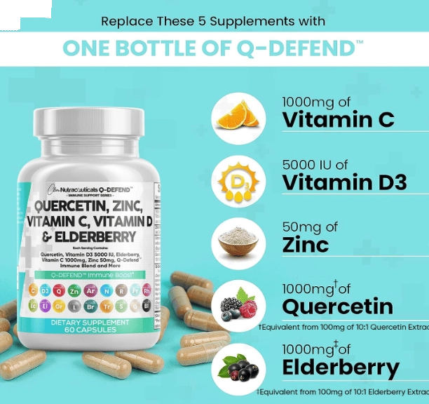 Suplemento de suporte à defesa imunológica, Quercetina, Zinco, Vitamina C e D, Bromelaína Sabugueiro, 60 cápsulas, Nutra