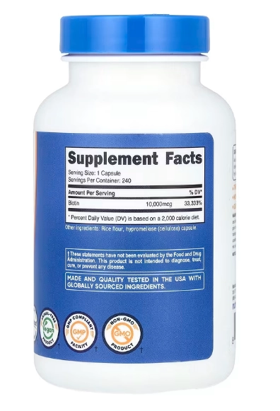Biotina, 10.000mcg, 240 Cápsulas, Nutricost