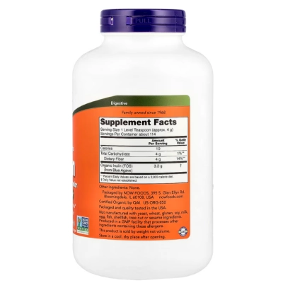 Inulina Orgânica, Prebiótico em Pó Puro, 454g, Now