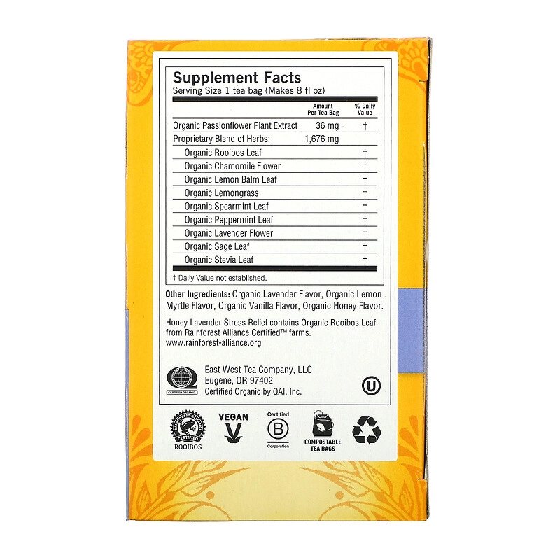 Chá (Alívio do Estresse)  Mel & Lavanda, Sem Cafeína, 16 Saquinhos, 29g, Yogi