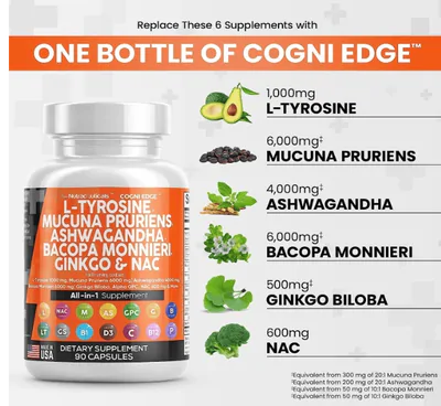 Cogni Edge, Gujisa L Tirosina 1000mg, Com Mucuna Prurien, Bacopa, Ashwagandha e NAC, 90 Cápsulas, Clean Nutraceuticals