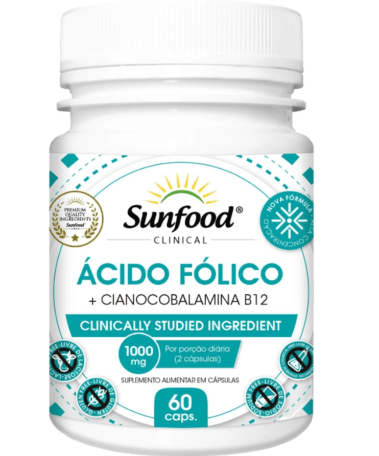 Ácido Fólico com Cianocobalaina B12, 1000mg, 60 Cápsulas, Sunfood