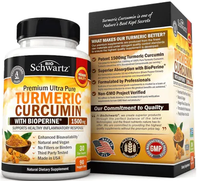 Turmeric Curcuma com BioPerine, 1500mg, 90 Cápsulas, BioSchwartz