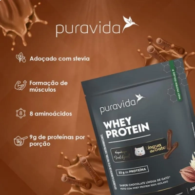 Whey Protein Isolado, Sabor Chocolate Língua de Gato, 450g, Puravida