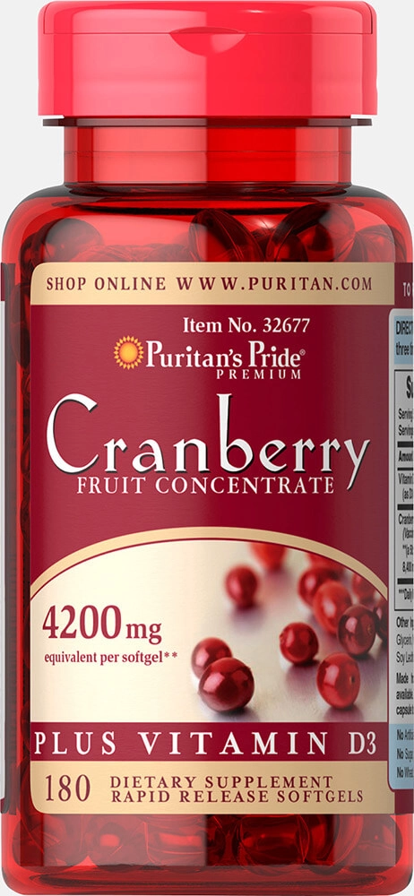 Cranberry Concentrate Plus com D3, 180 Cápsulas, Puritans Pride