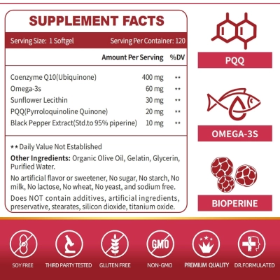 Suplemento de CoQ10 400mg, Energia e Saúde do Coração, 120 Softgels, Zebora