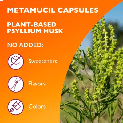 Psyllium Fiber, Fonte Natural de Fibras para Suporte Digestivo e Equilíbrio Intestinal, 300 Cápsulas, Metamucil