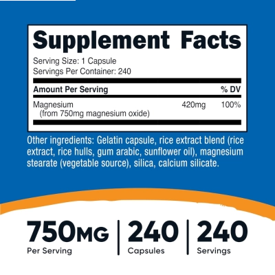 Magnésio Óxido 750mg, Energia, Saúde Muscular e Bem-Estar Diário, 240 Cápsulas, Nutricost