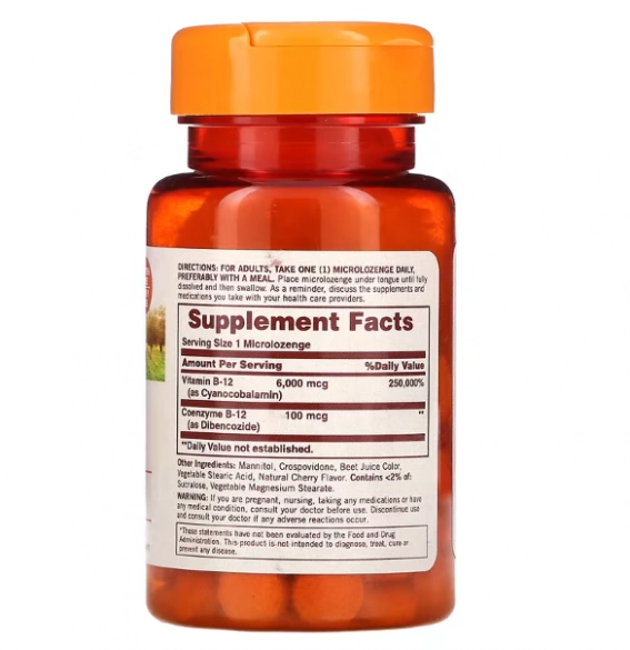 B-12 Solúvel, Sabor Cereja, 6000mcg, 60 Pastilhas, Sundown