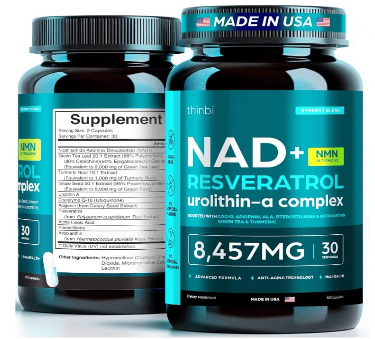 NAD+ 8,457  Lipossomal Com Resveratrol, Alfa Lipóico, CoQ10 e Chá Verde, 60 Cápsulas, Thinbi