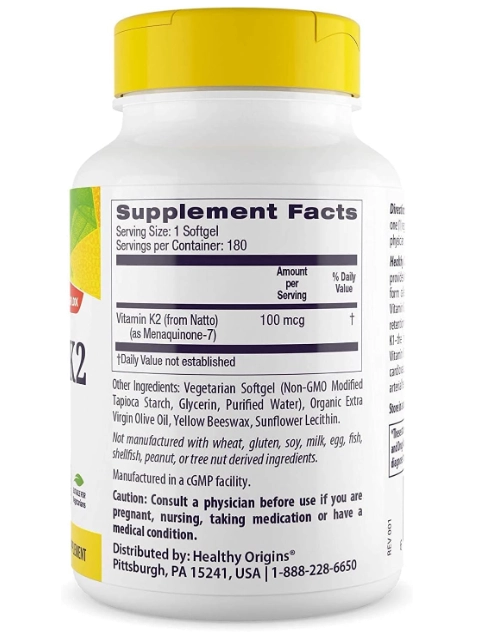 Vitamina K2 MK7 100mcg, 180 Cápsulas, Healthy Origins