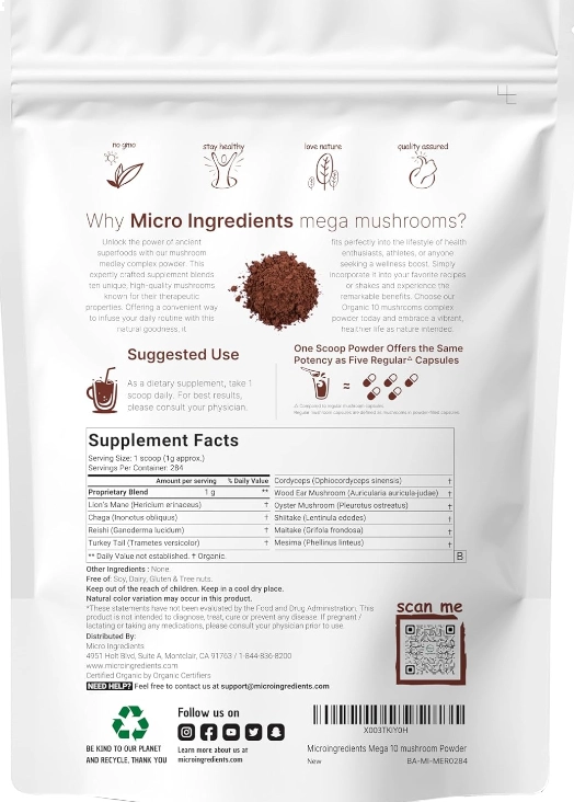 Mega Mushrooms Powdwe, Pó Orgânico Mega Cogumelo 10 em 1, 284g, Micro Ingredients