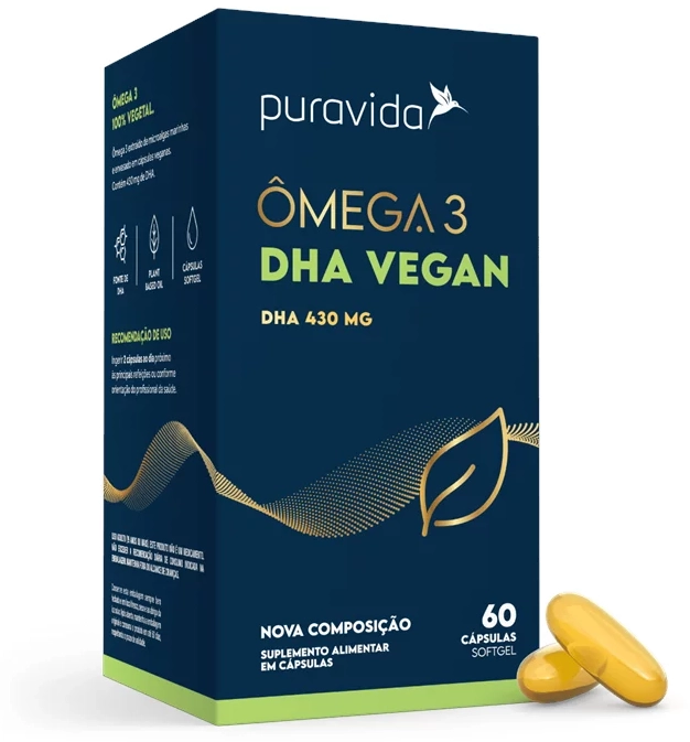 Ômega-3 DHA vegano, 100% Veget, 60 Cápsulas, PuraVida