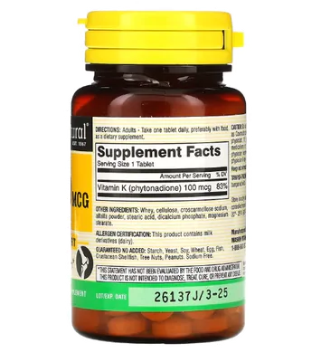 Vitamina K, 100mcg, 100 comprimidos, Mason Natural