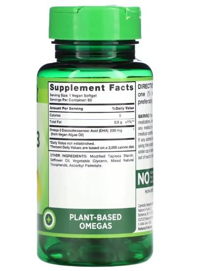 Ômega-3 Óleo de Algas, DHA 200mg, 60 Cápsulas, Nature's Truth