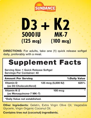 Vitamina D3 5000IU + K2 100mcg, 40 Cápsulas, Sundance