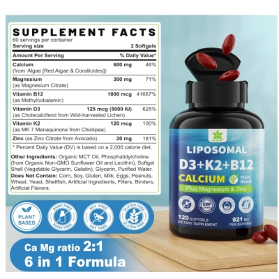 Cálcio Lipossomal 6 em 1 600mg, com Vitaminas D3, K2 MK7 e B12, Lilicare