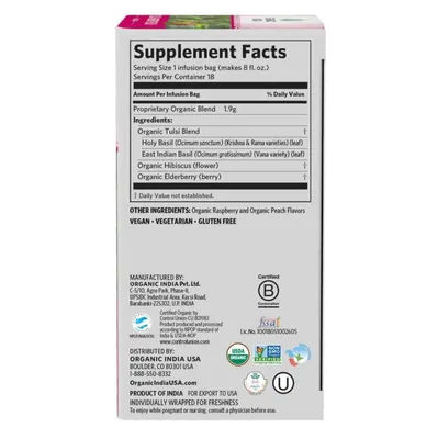Chá Tulsi (Framboesa e Pêssego), Desestresse e Purificação, 18 Sachês, Organic India