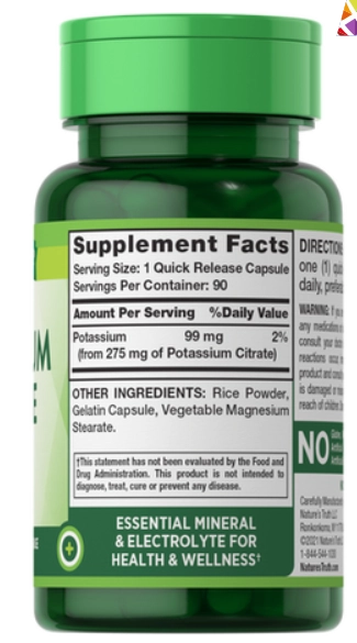 Potássio Citrate, 275mg, 90 cápsulas, Nature's Truth
