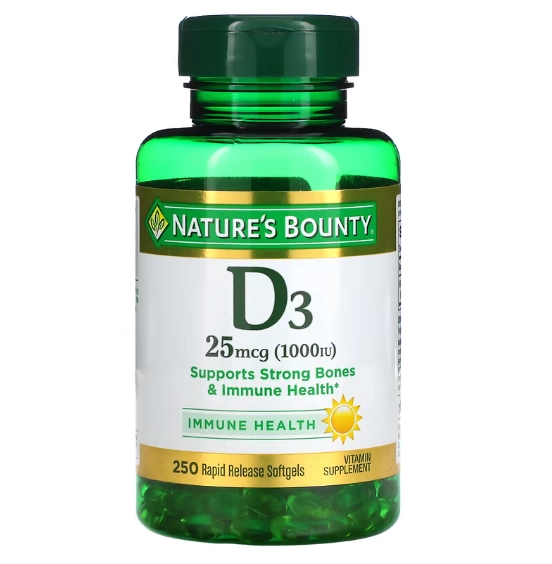 Vitamina D3,25mcg 1000IU, 250 Cápsula, Nature's Bounty