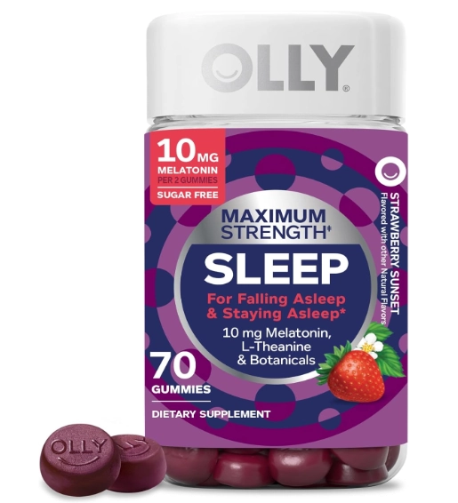 Max Strength Sleep, Melatonina 10mg, L-teanina, Camomila e Erva-cidreira, 70 Gomas Sabor Morango, Olly
