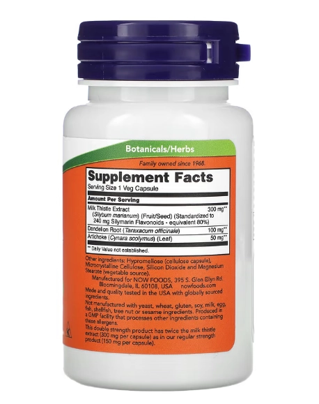 Milk Thistle, Silymarin Dosagem Dupla, 300mg, 50 Capsulas, Now