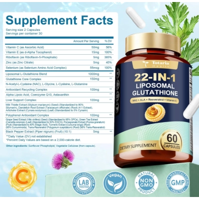 Glutationa Lipossomal 1000mg, 22 em 1, 60 Cápsulas, Totaria Health