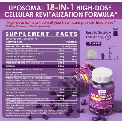 Melatonina 100mg, Saúde Antioxidante e Cognitiva, com Cúrcuma, Trans-resveratrol, Vitamina B12, 75 Cápsulas, Neviss