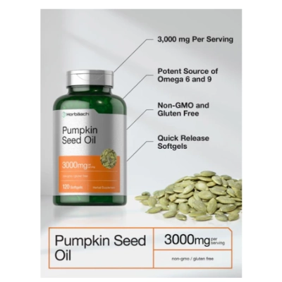 Pumpkin Seed Oil 3000mg, Óleo da Semente de Abóbora, 120 Cápsulas, Horbaach