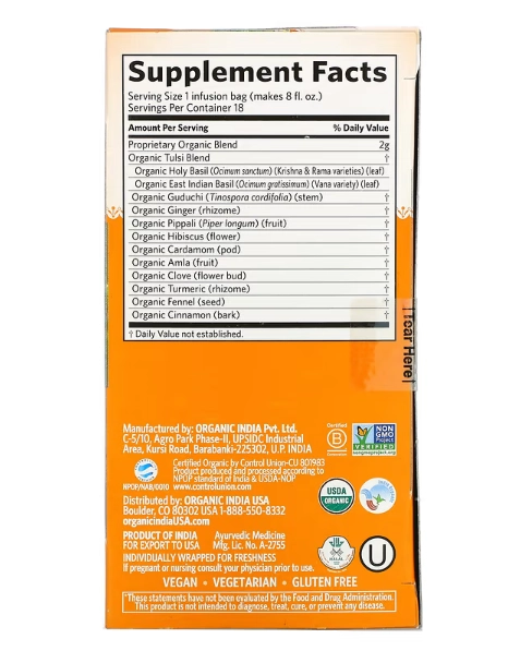 Chá Suporte Imunológico, Tulsi Immune, Sem Cafeína, 18 Saches, Organic India, Sabores