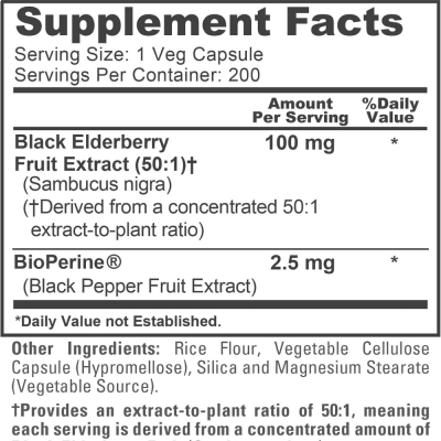 Black Elderberry, Sambucus Nigra 50:1, 100mg, 200 Cápsulas, NusaPure