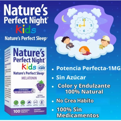 Melatonina 1mg Kids, 100 Comprimidos Mastigáveis Sabor Uva, Nature's Perfect Night