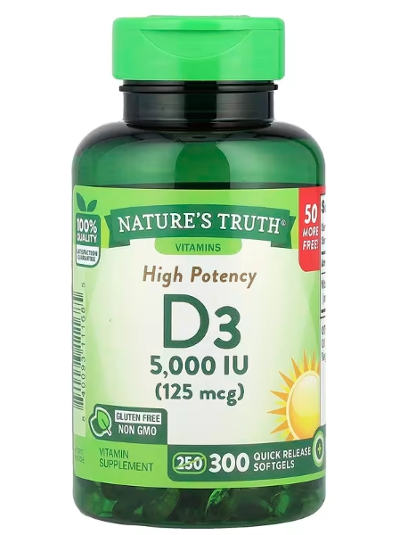 Vitamina D3 5000UI, 125mcg de Alta Potência, 300 Cápsulas, Nature's Truth