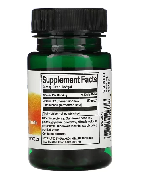 Vitamina Natural K2, 50mcg, 30 Cápsulas Softgel, Swanson