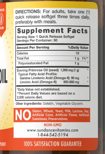 Óleo de prímula, Evening primrose, 1000mg, 50 cápsulas, Sundance