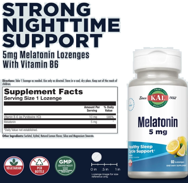Melatonina 5mg com Vitamina B6, Pastilhas sabor limão, KAL