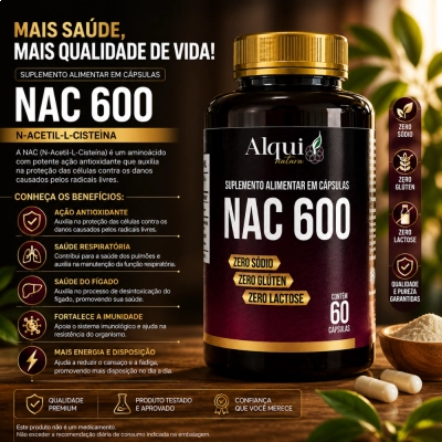 NAC 600mg, Antioxidante, Imunidade e Saúde Respiratória, 60 Cápsulas, Alquimia